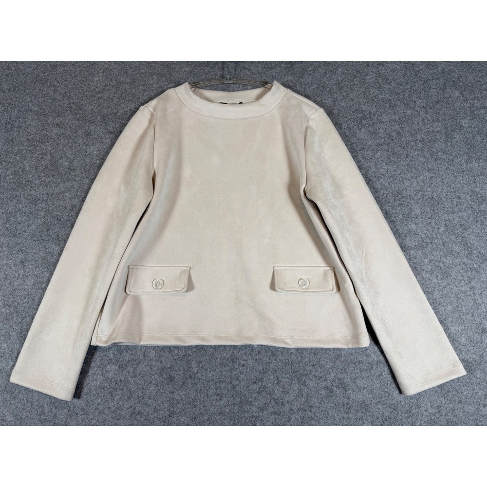 Premise Faux Suede Top Womens Medium Ivory Excellent Scuba Knit Flap Pocket
